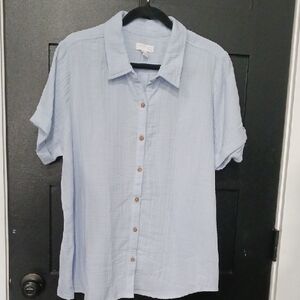 Susan Graver Pure Light Blue Cotton Short-Sleeve Button-Down Shirt